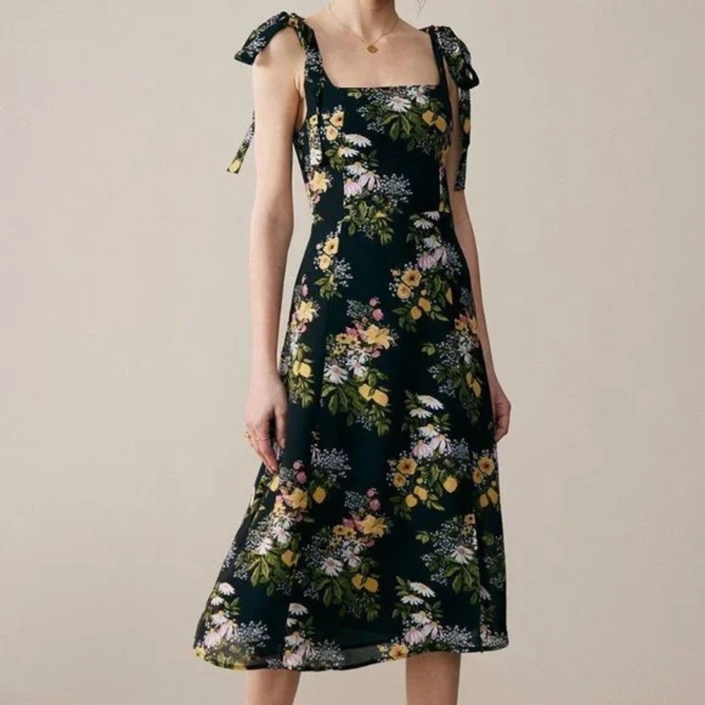 RIHOAS Black Floral Midi Dress with Tie Straps
